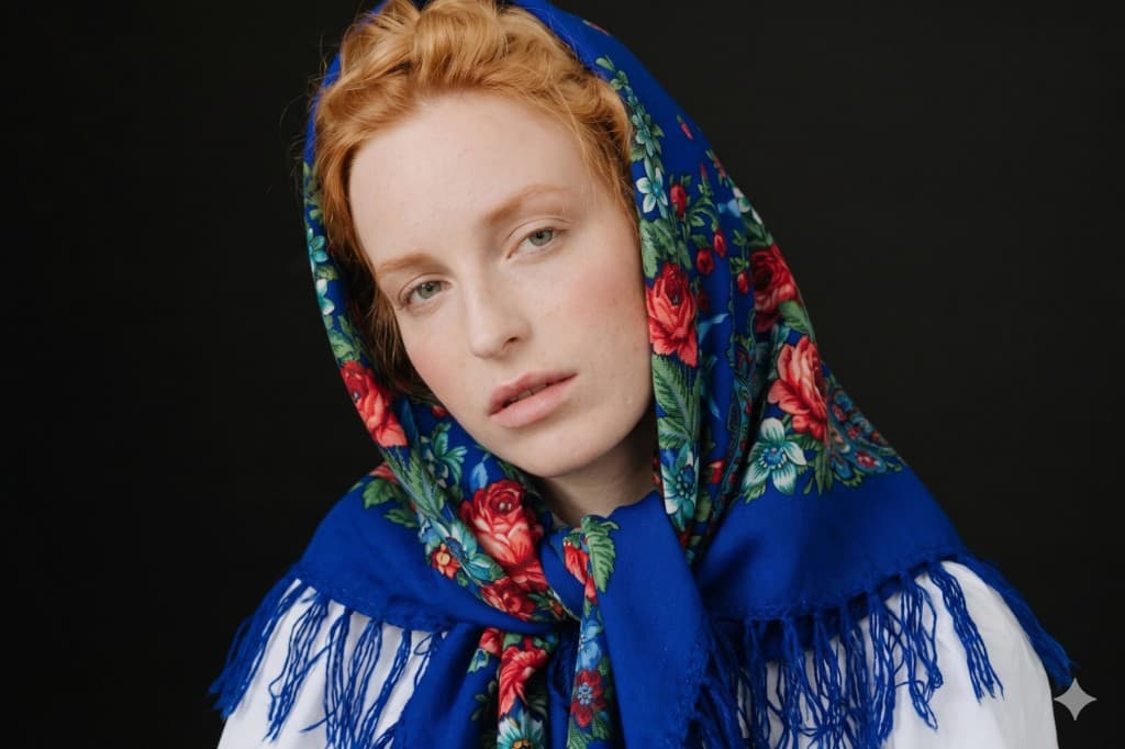 Lifestyle — two models wrapped in a floral shawl, editorial portrait